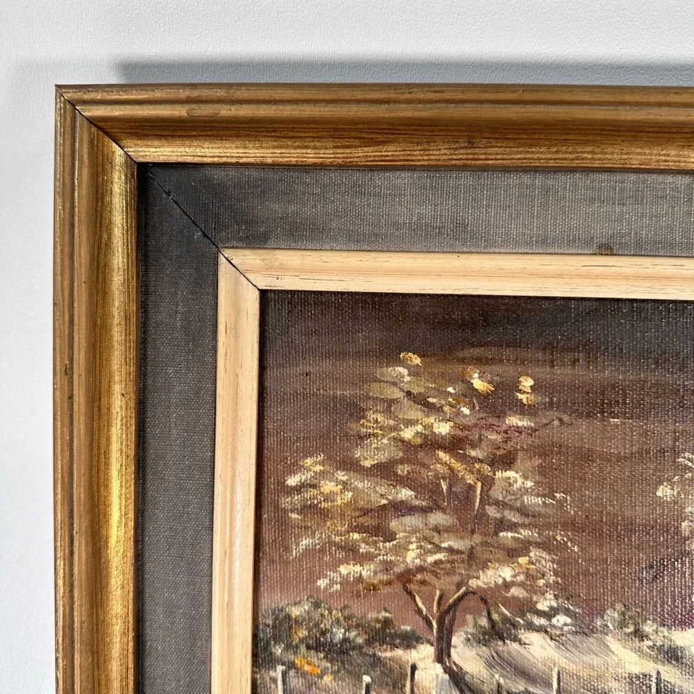 Vintage Oil Painting On Canvas Wall Decor Art Snowy Trees Framed Gold Cottagecor